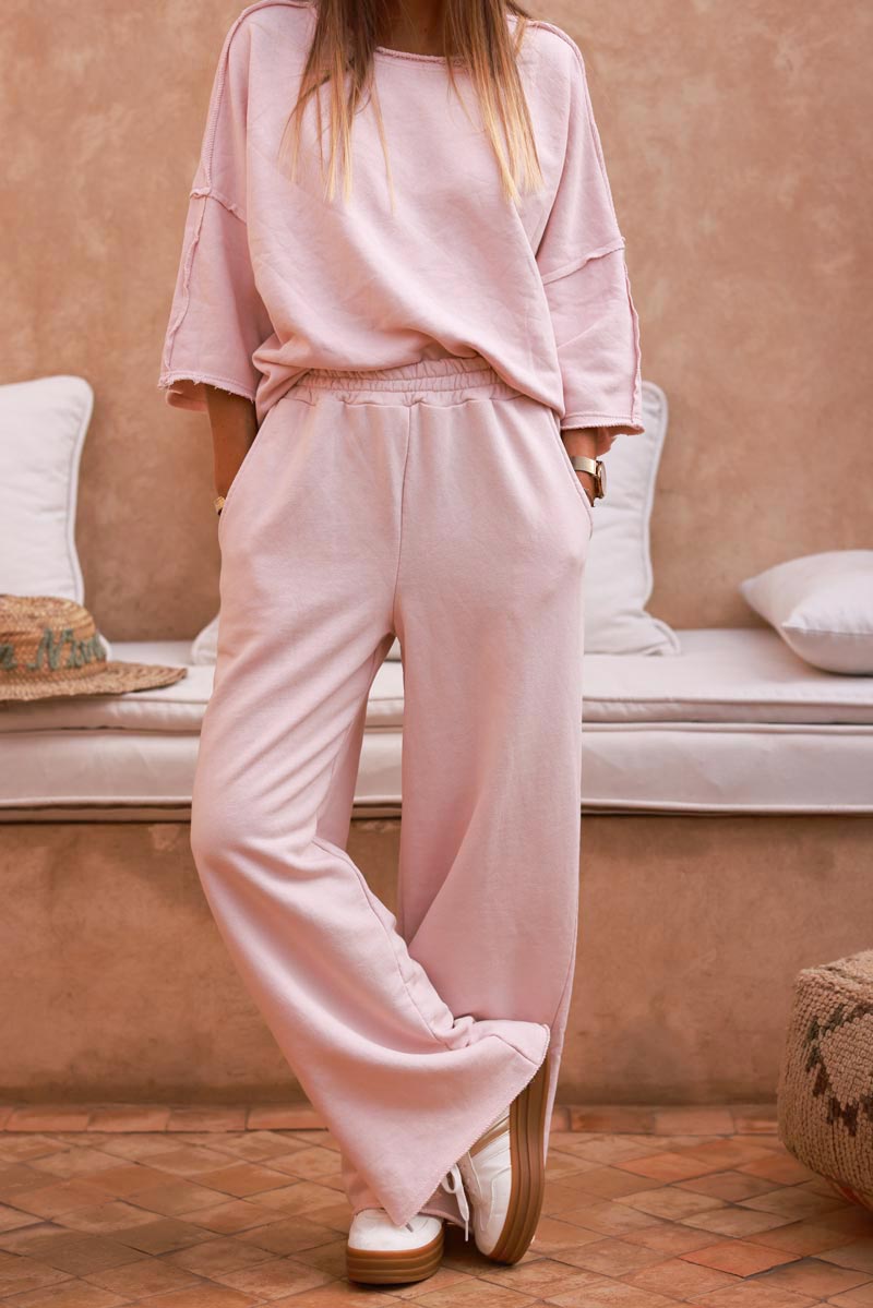 Light Pink Raw Hem Casual Jersey Pants