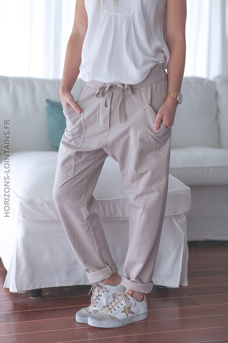 Pantalon large beige en lin ceinture élastique - HORIZONS LOINTAINS