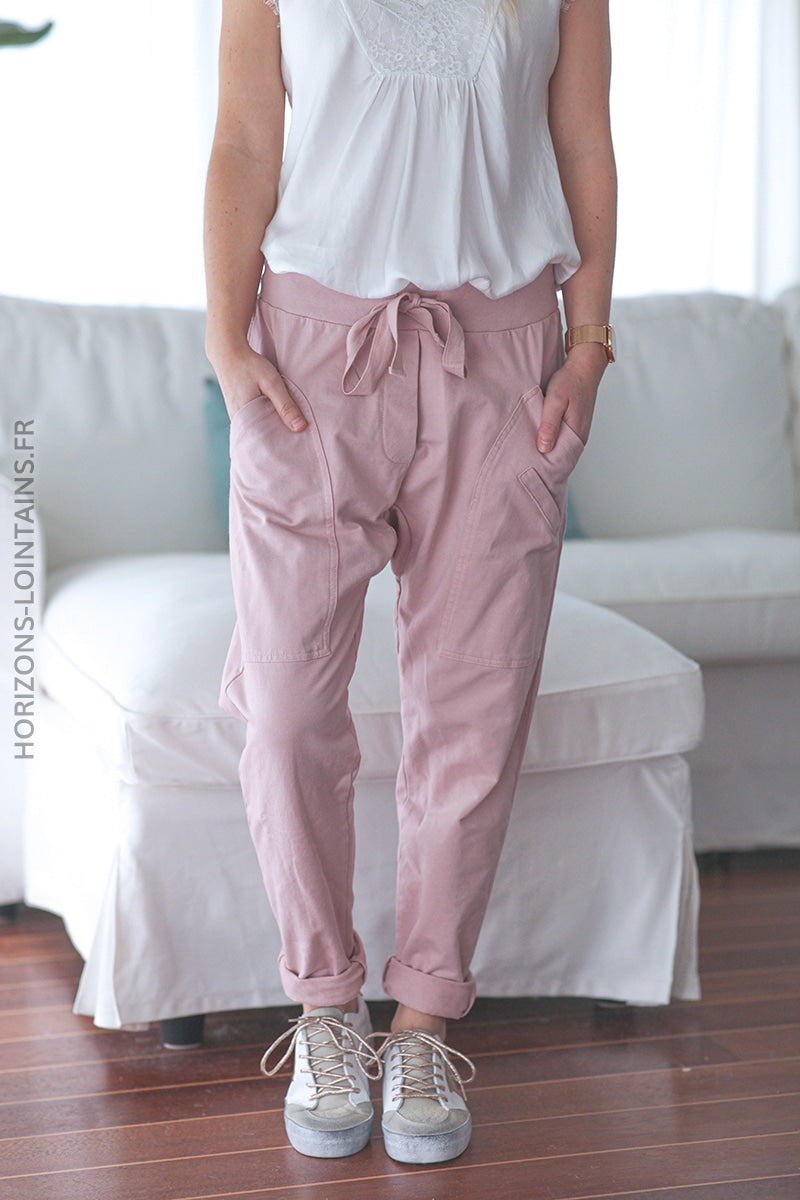 Jogging urbain poches decontracte homewear rose pale (1)