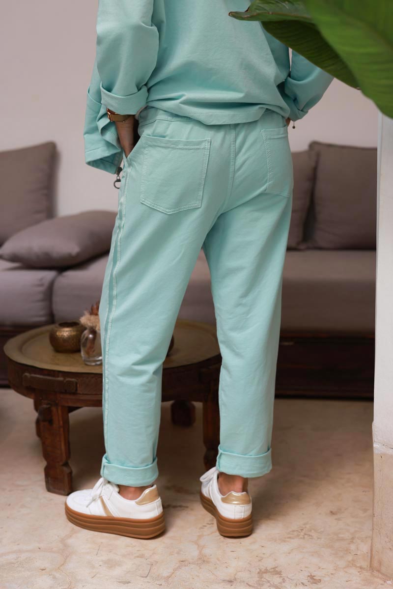 Water green Satin Trim Ponte Knit Pull-On Pants