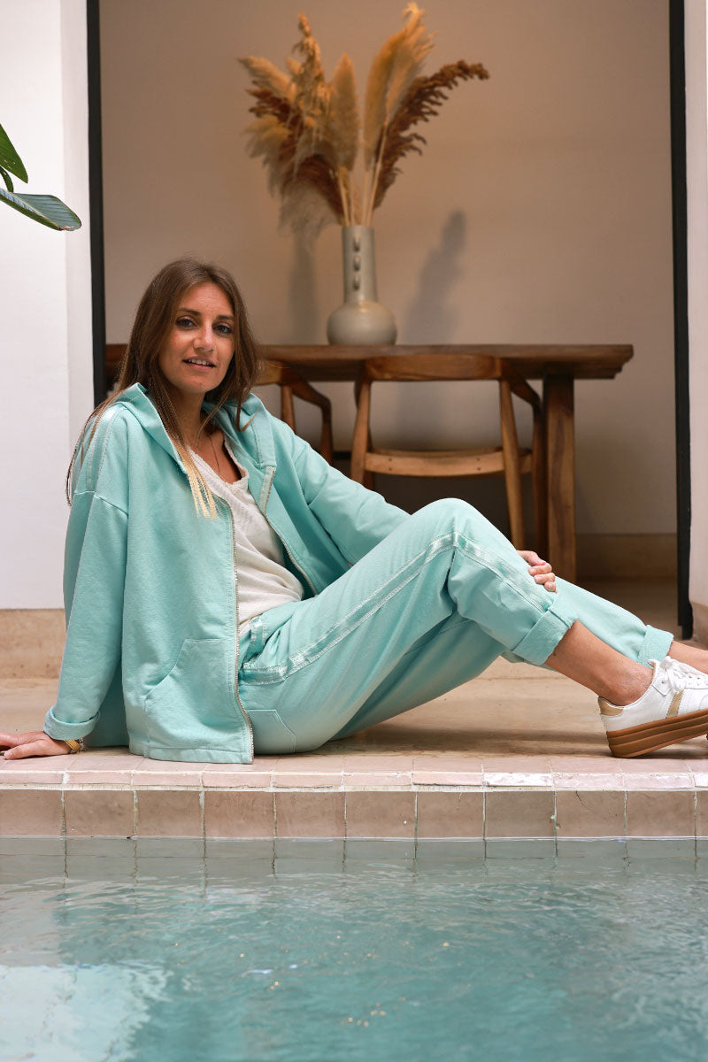 Water green Satin Trim Ponte Knit Pull-On Pants