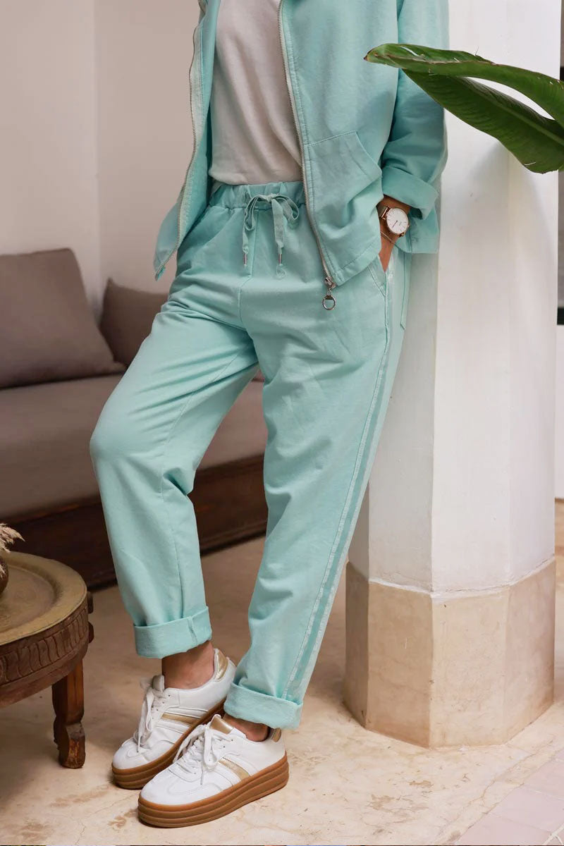 Water green Satin Trim Ponte Knit Pull-On Pants