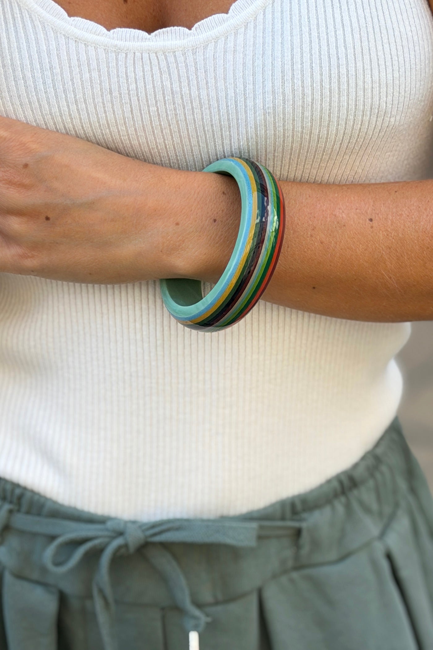 Blue Multi Vertical Stripe Wide Bangle