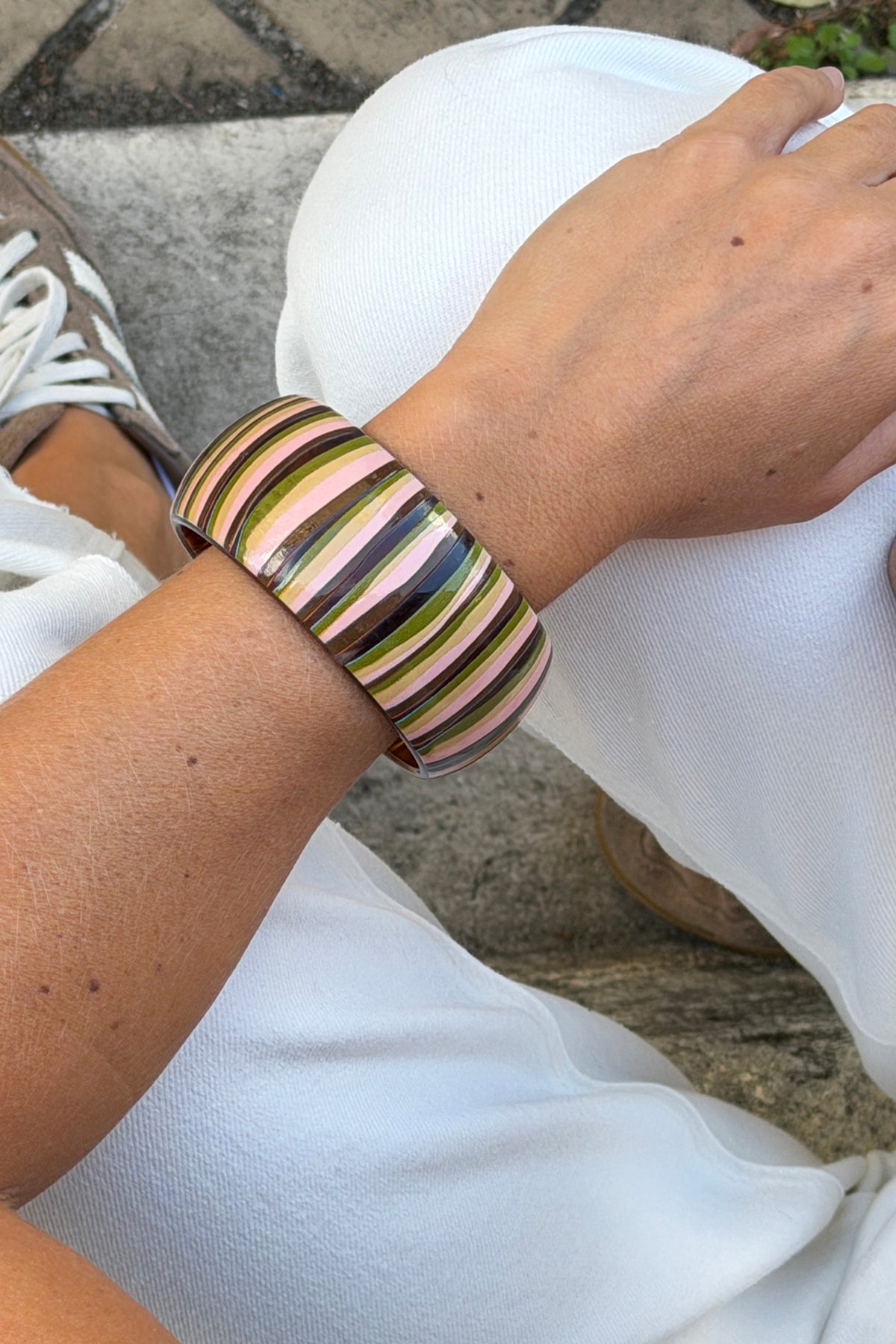 Pink Multi Horizontal Stripe Wide Bangle