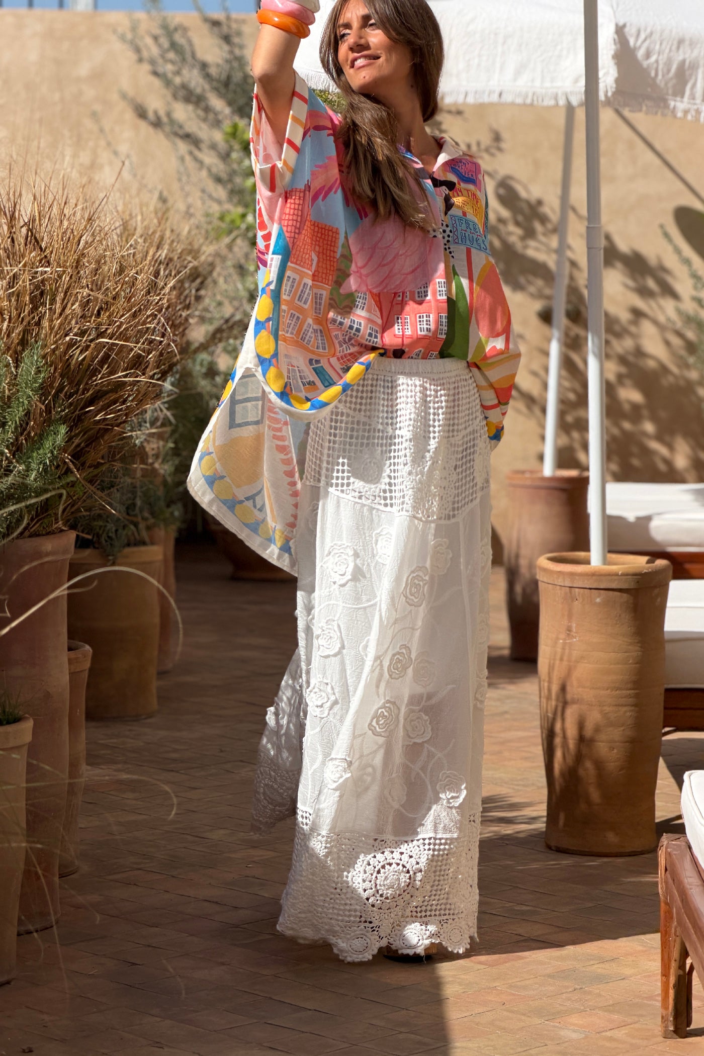 Jupe blanche style bohème broderie et dentelle ceinture élastique