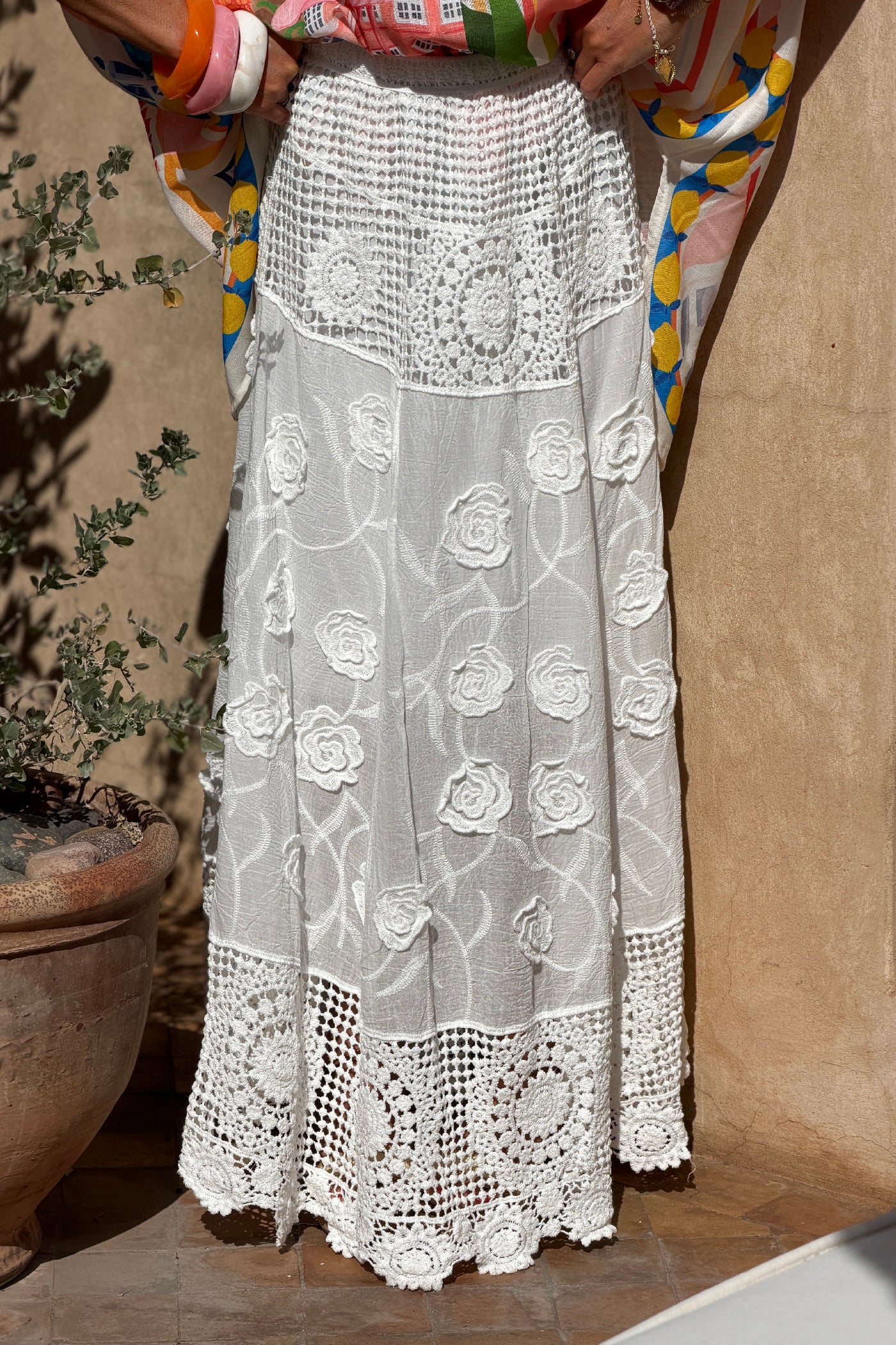 White Lace and Gauze Maxi Skirt