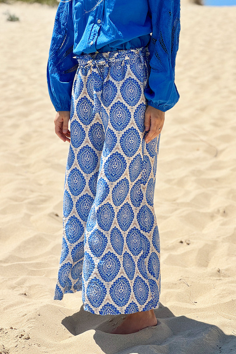 Royal Blue Batik Medallions Belted Pull-On Pants