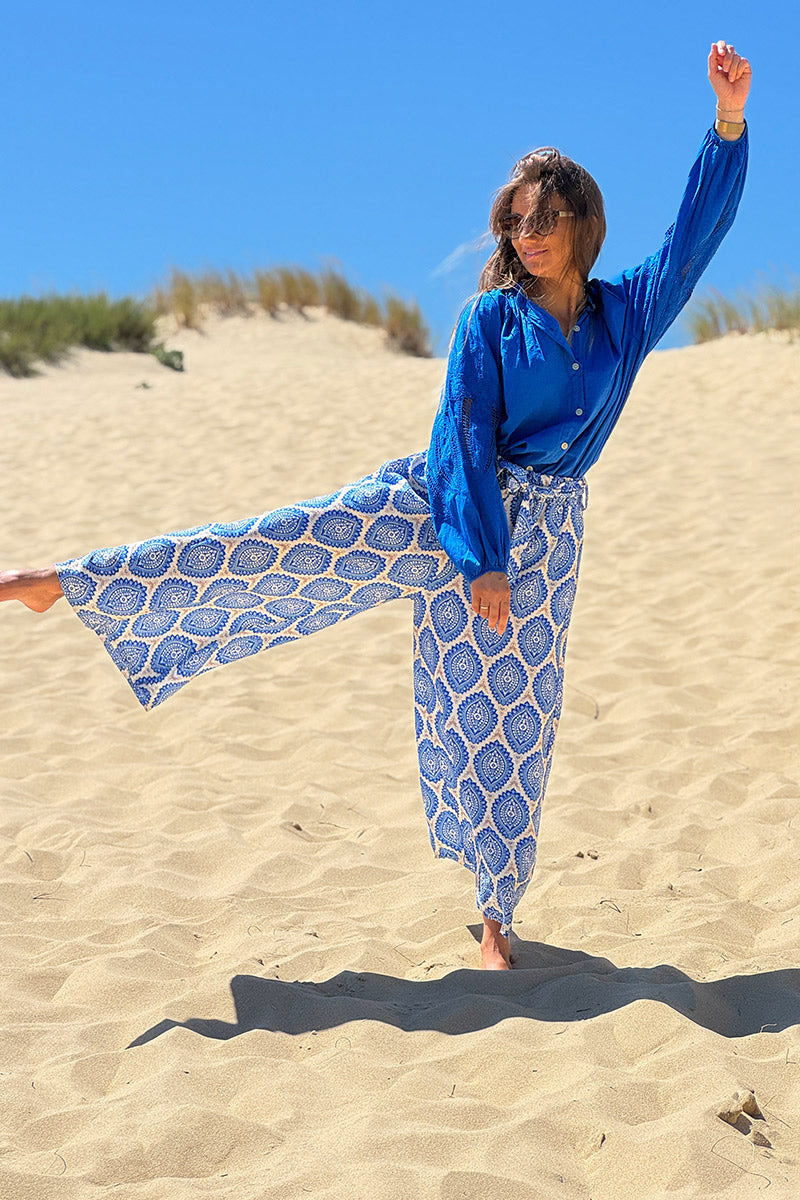 Royal Blue Batik Medallions Belted Pull-On Pants