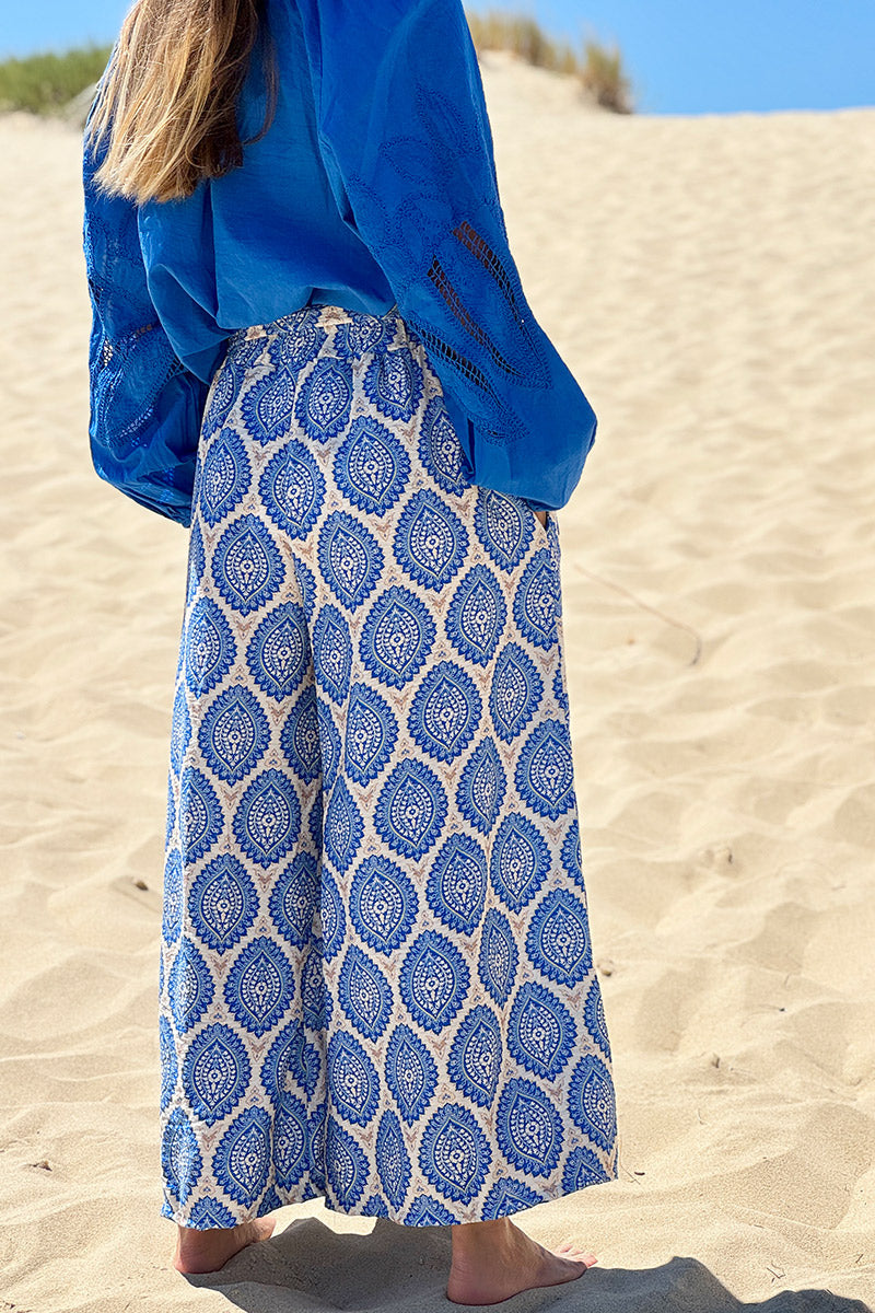 Royal Blue Batik Medallions Belted Pull-On Pants