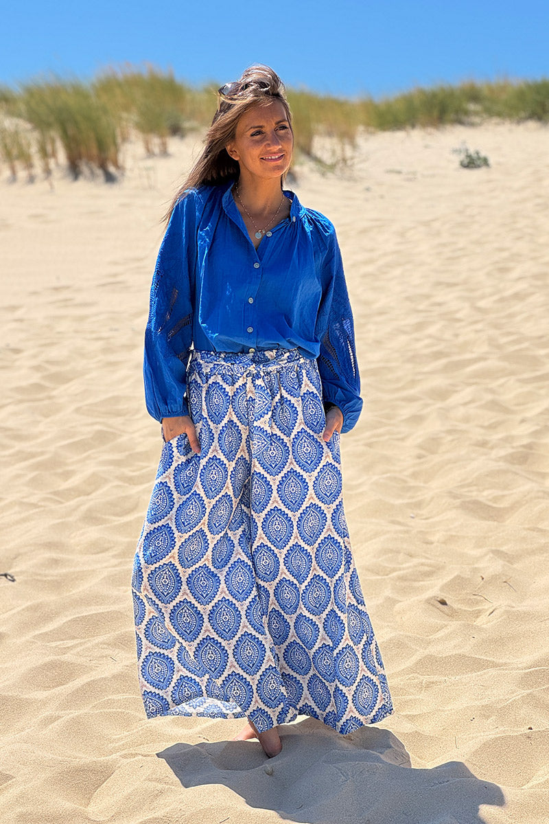 Royal Blue Batik Medallions Belted Pull-On Pants