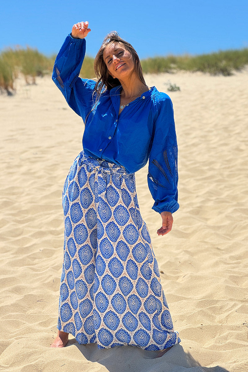 Royal Blue Batik Medallions Belted Pull-On Pants