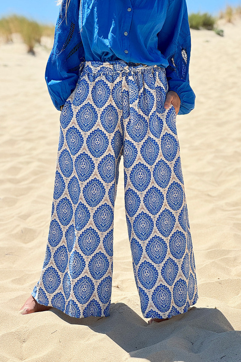 Royal Blue Batik Medallions Belted Pull-On Pants