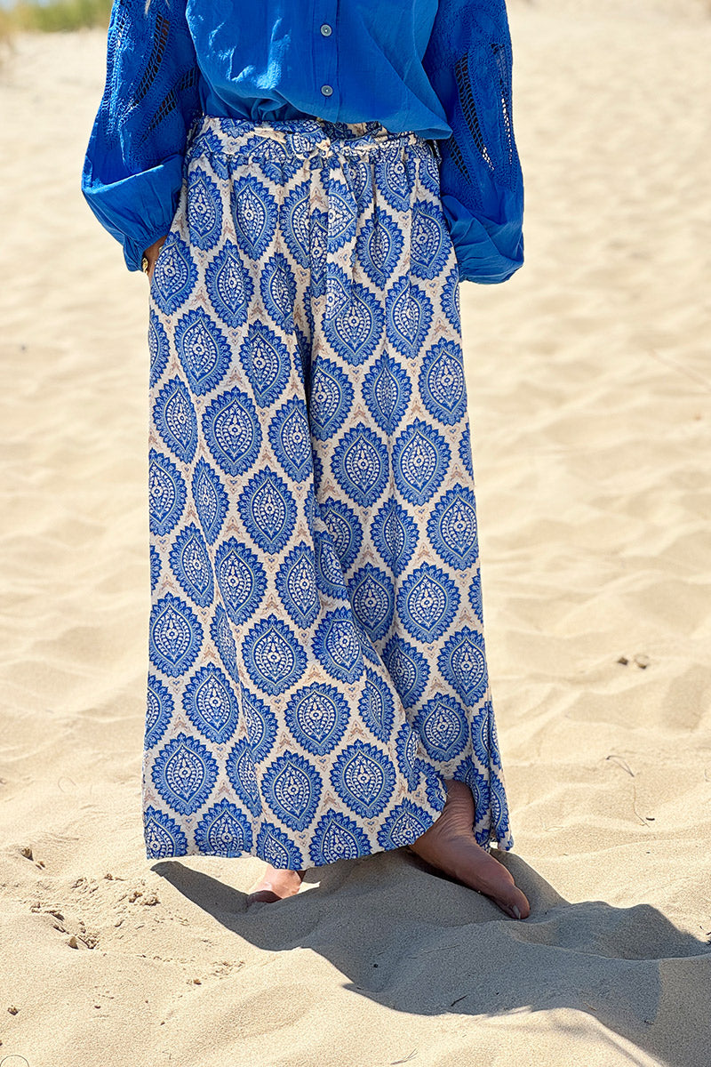 Royal Blue Batik Medallions Belted Pull-On Pants