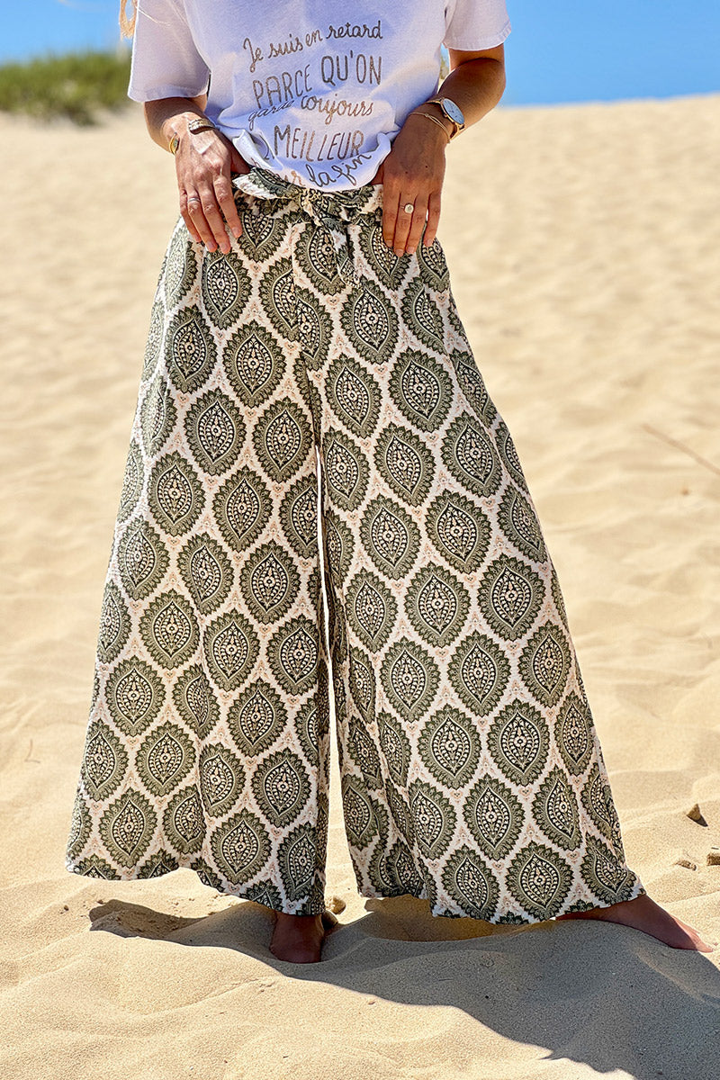 Jupe culotte fluide et large imprimé rosaces paisley kaki