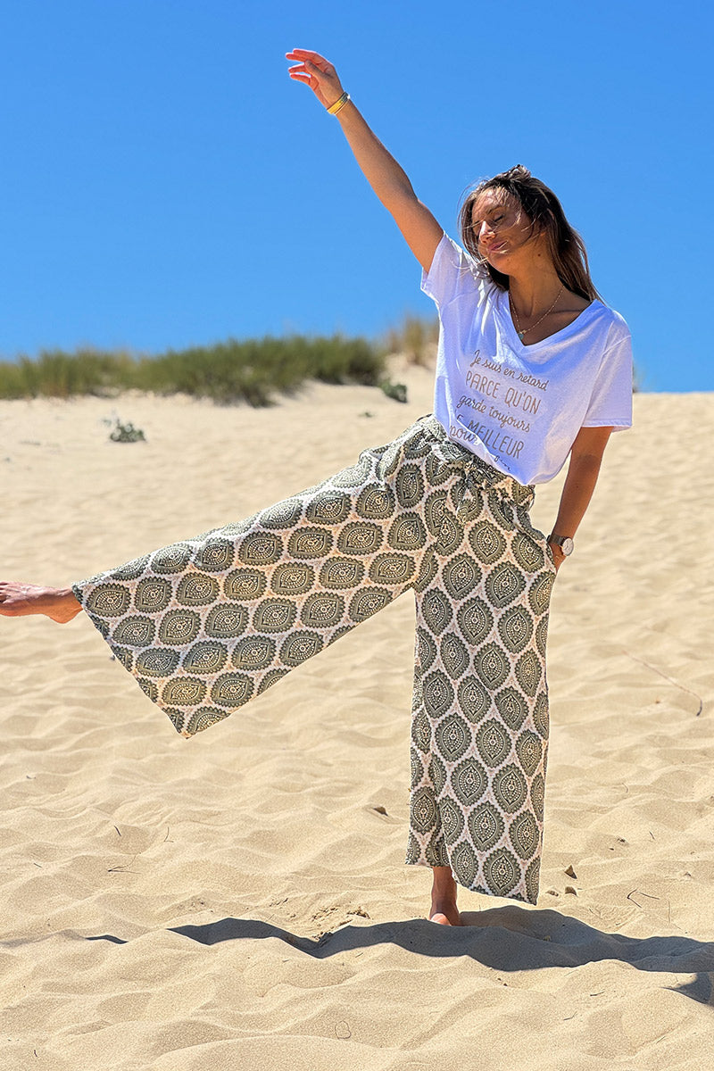 Jupe culotte fluide et large imprimé rosaces paisley kaki
