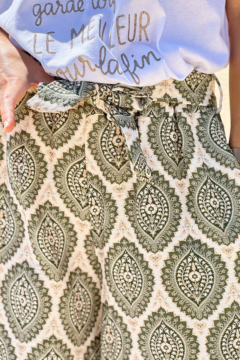 Jupe culotte fluide et large imprimé rosaces paisley kaki