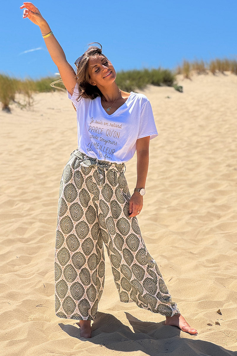 Jupe culotte fluide et large imprimé rosaces paisley kaki