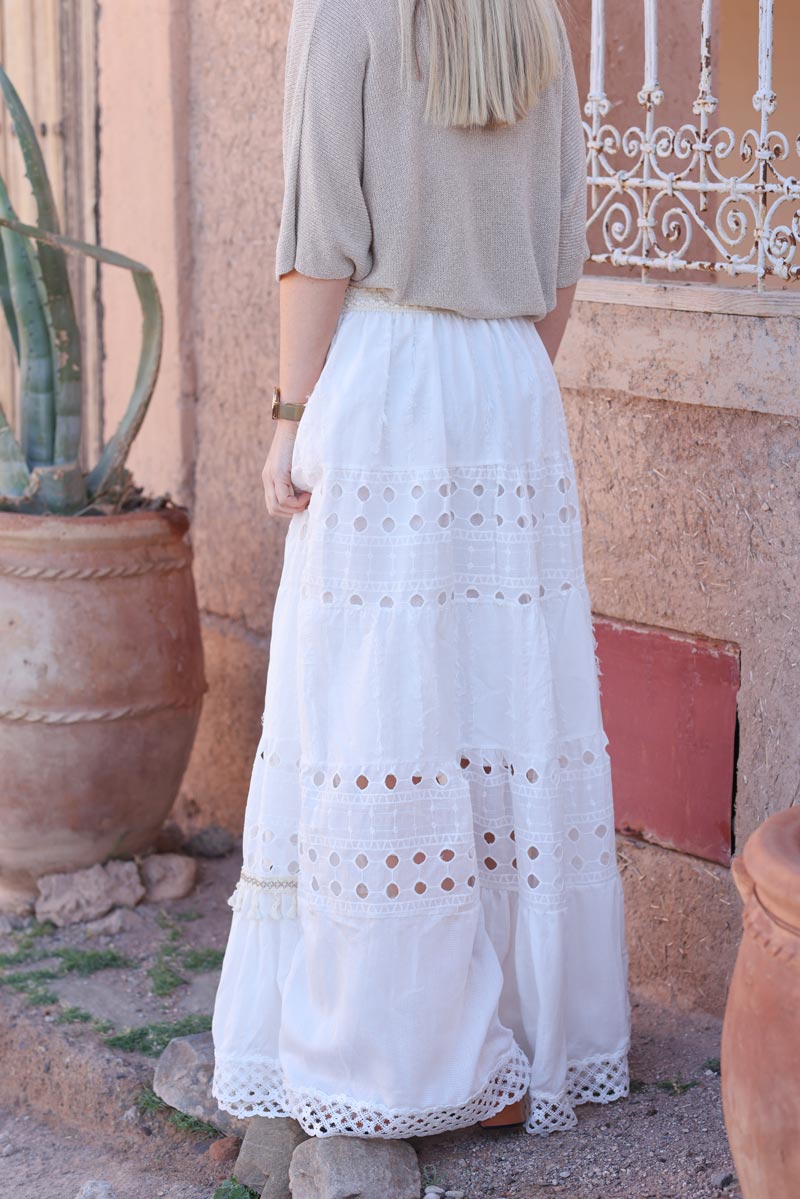 Jupe doublee blanc casse boheme pompons et broderie anglaise h056 (1)