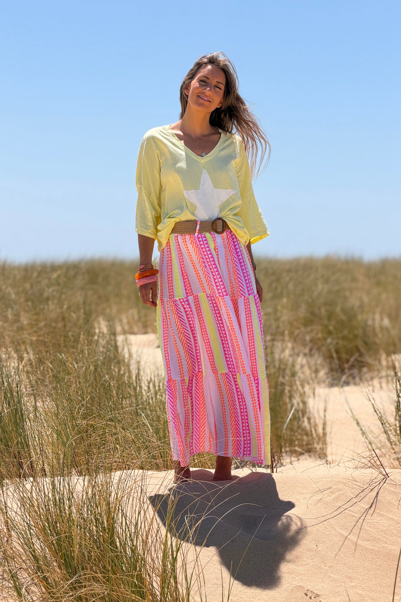 White Gauze Neon Patterned Tiered Skirt with Woven Belt