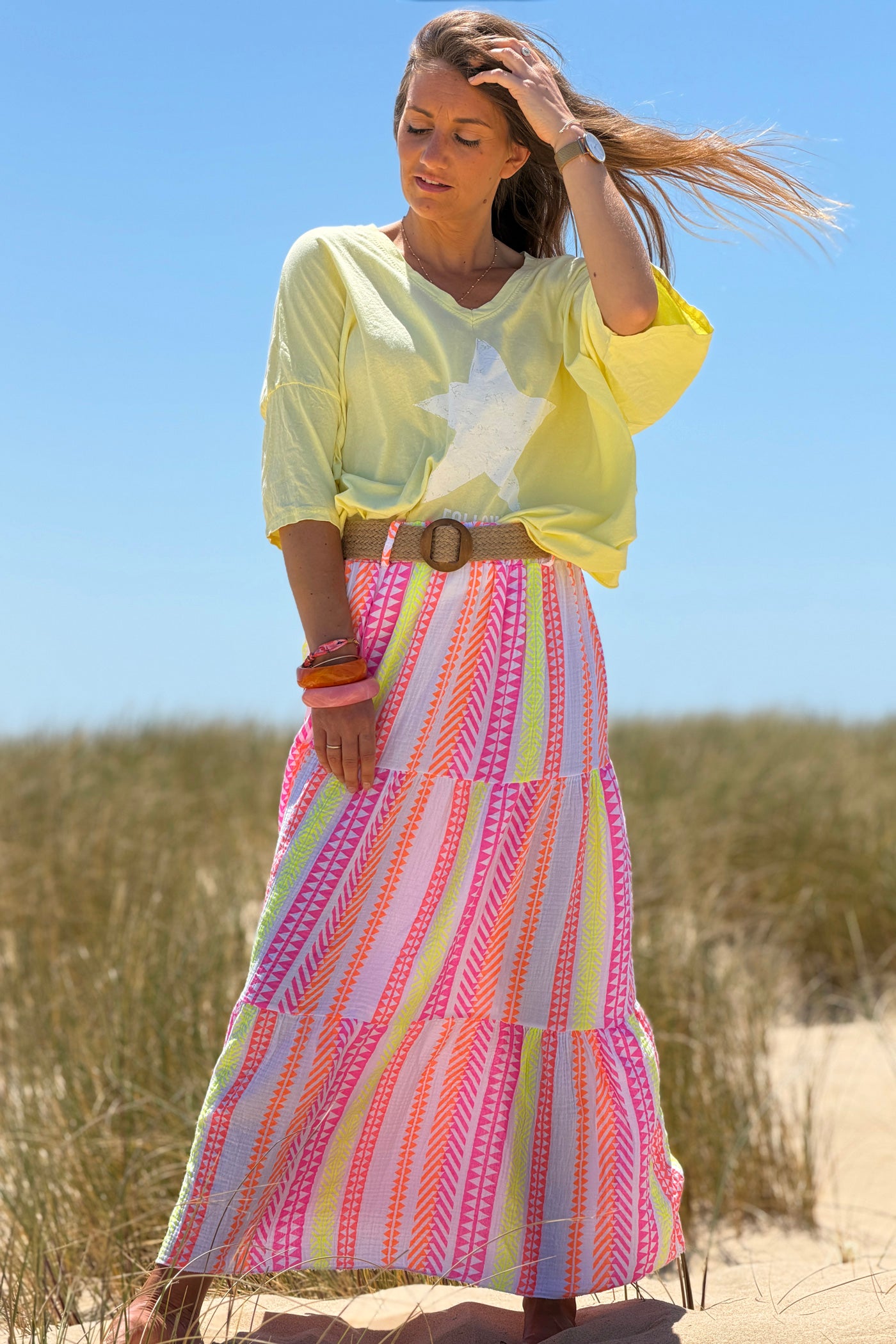 White Gauze Neon Patterned Tiered Skirt with Woven Belt