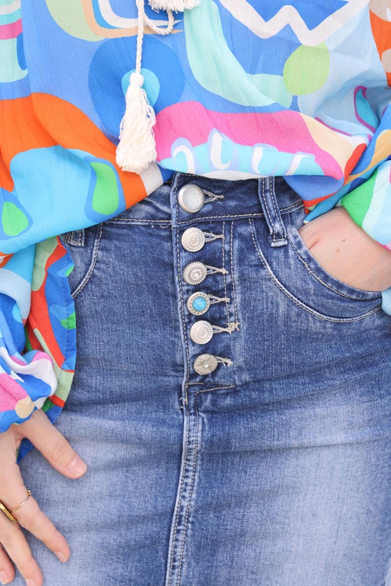 Jupe en jean coupe crayon boutons strass et turquoise h073 (5)