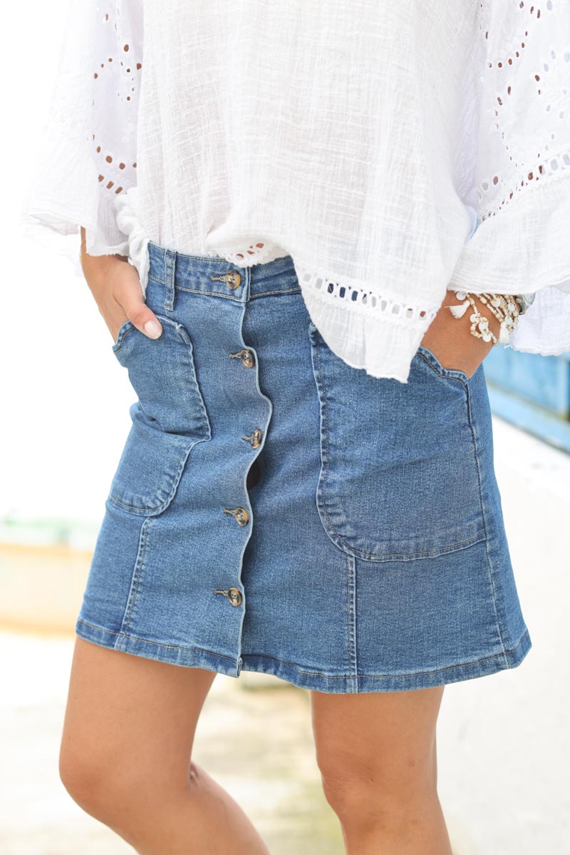 Jupe en jean coupe trapeze 2 poches boutons ecaille G082 (1)