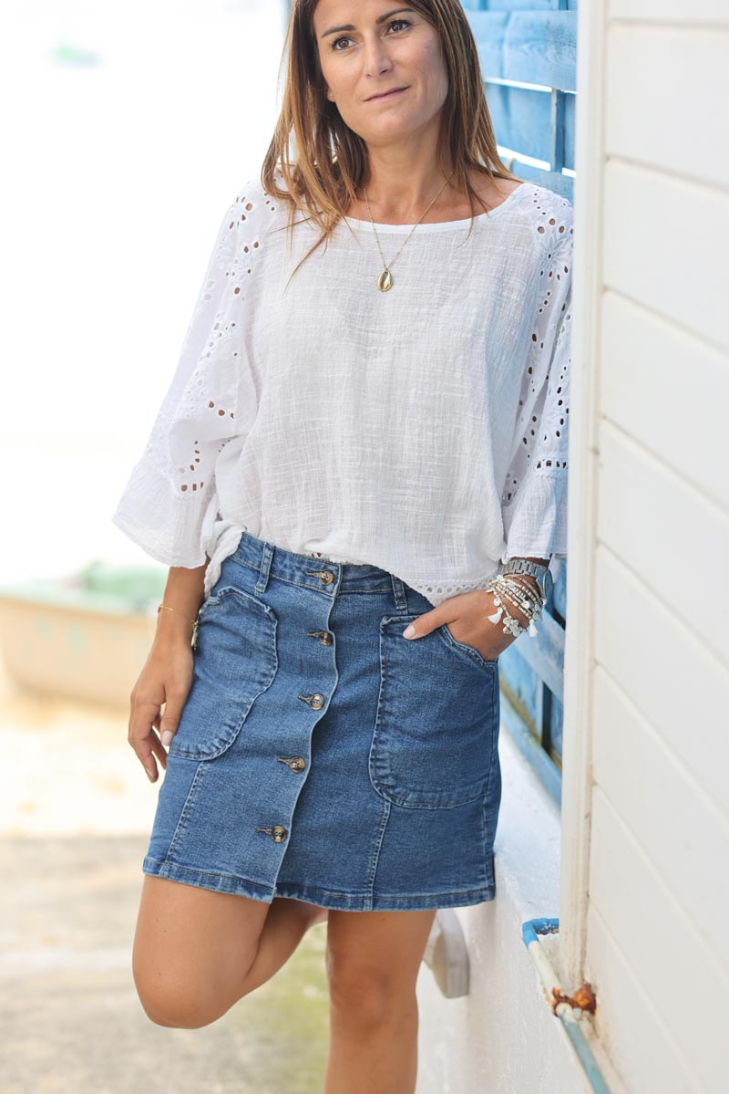 Jupe en jean coupe trapeze 2 poches boutons ecaille G082 (1)