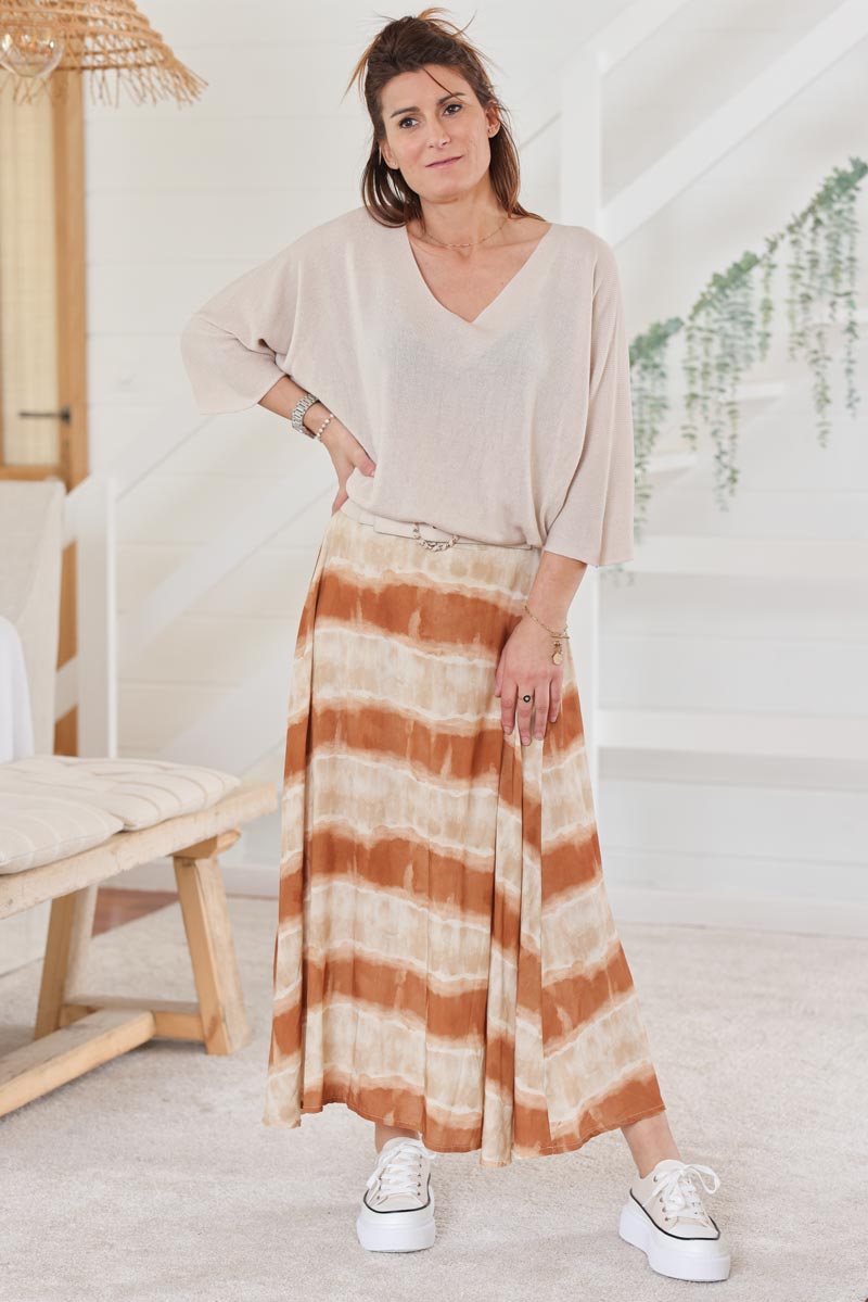 Jupe fluide imprime rayures tie and dye camel H017 (1)