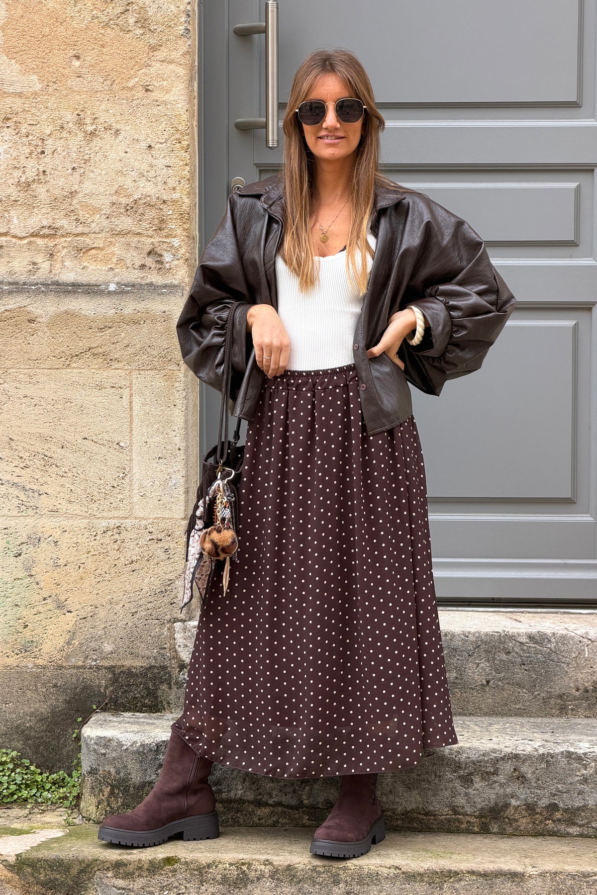 Jupe fluide marron doublée imprimé pois taille élastique