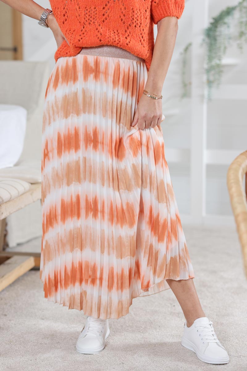 Jupe fluide plissee imprime rayures tie and dye orange H015 (1)