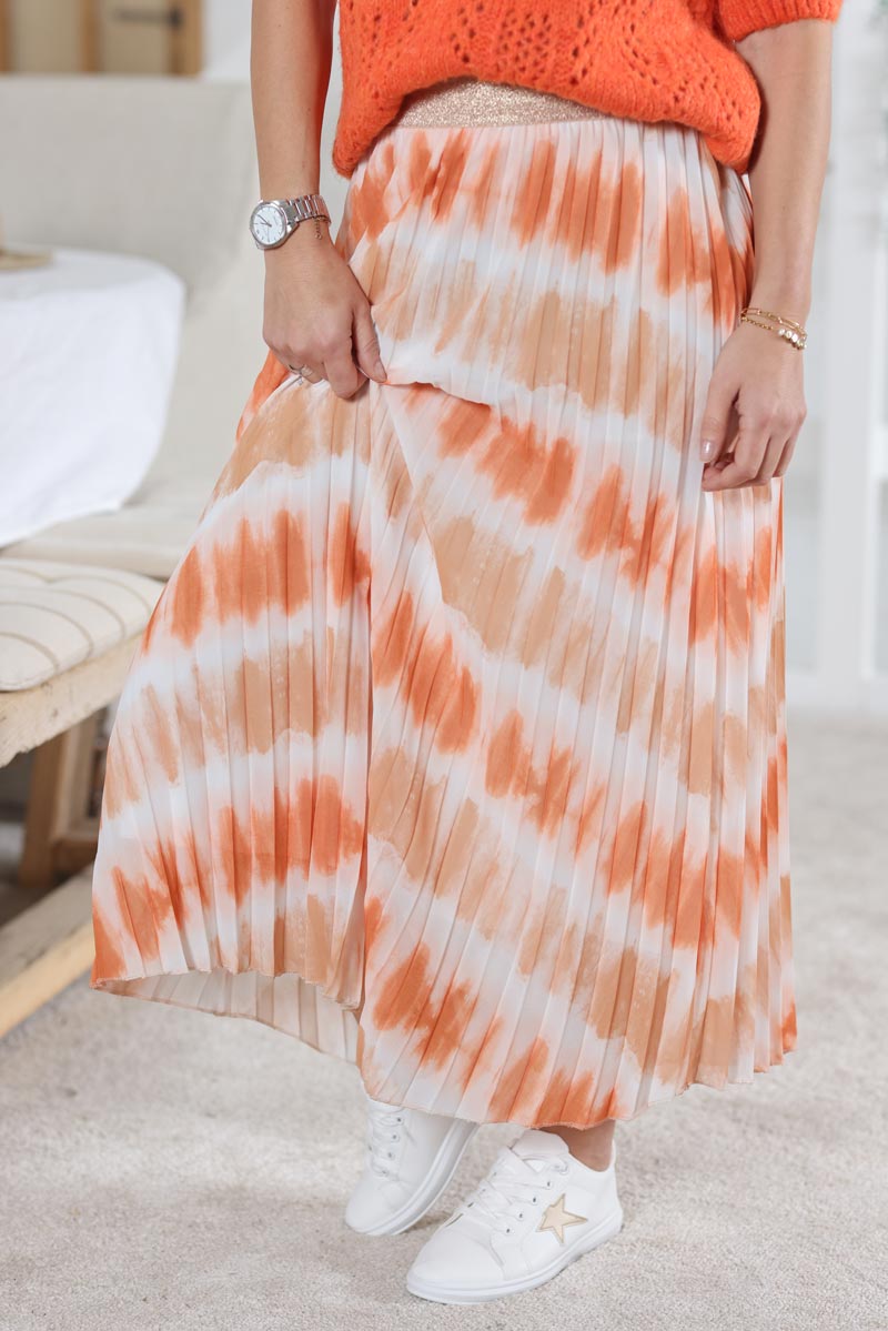 Jupe fluide plissee imprime rayures tie and dye orange H015 (1)