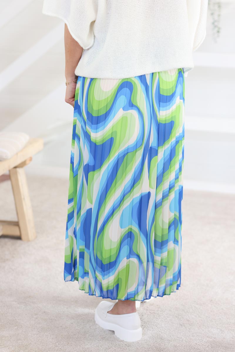 Jupe fluide plissee imprime vagues psychedeliques bleu et vert h013 (1)