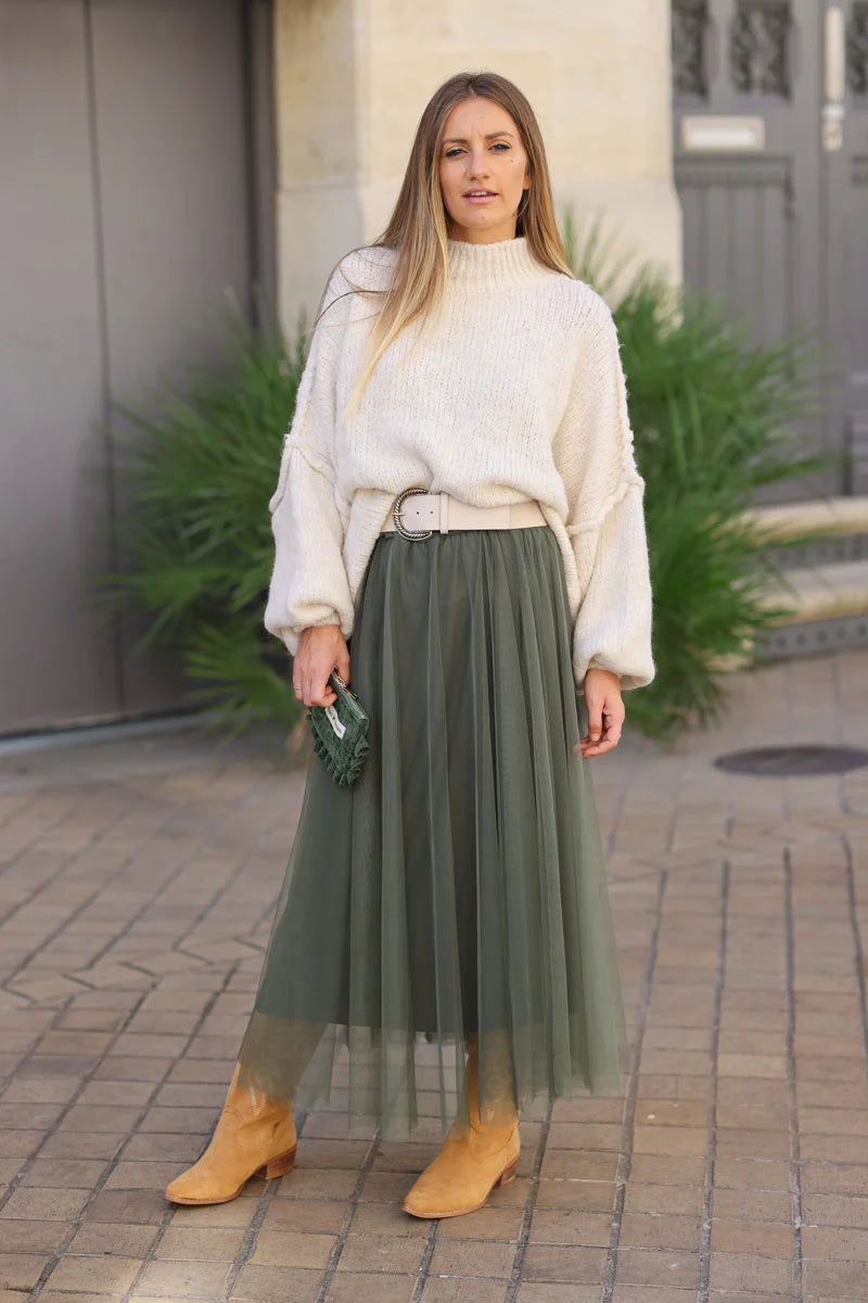 Jupe kaki en tulle doublée ceinture élastique