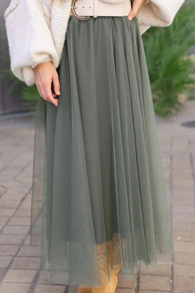 Jupe kaki en tulle doublée ceinture élastique