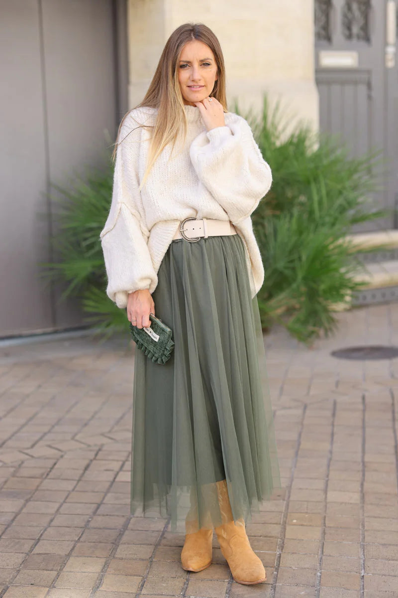 Jupe kaki en tulle doublée ceinture élastique