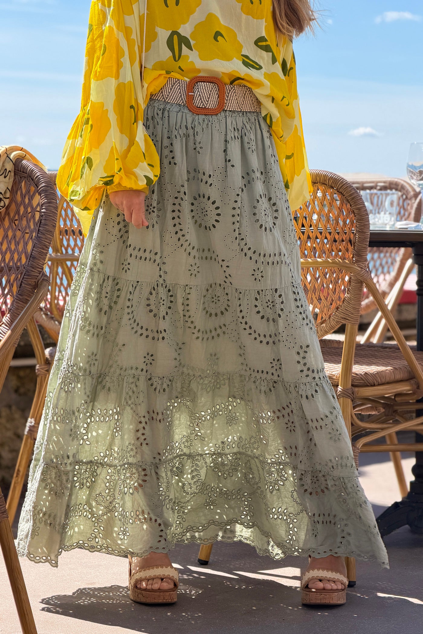 Sage Eyelet Prairie Skirt with Woven Belt