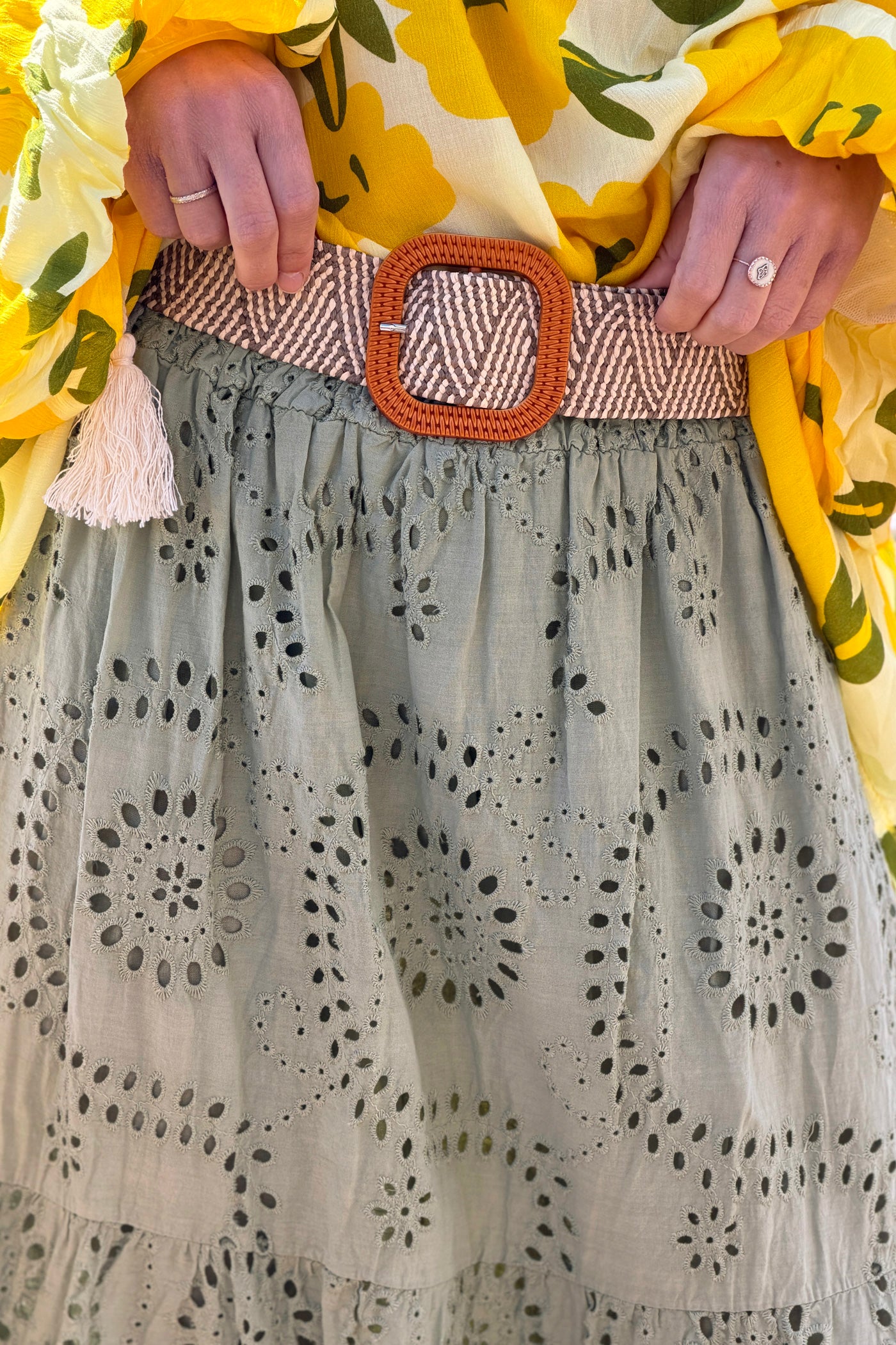 Sage Eyelet Prairie Skirt with Woven Belt