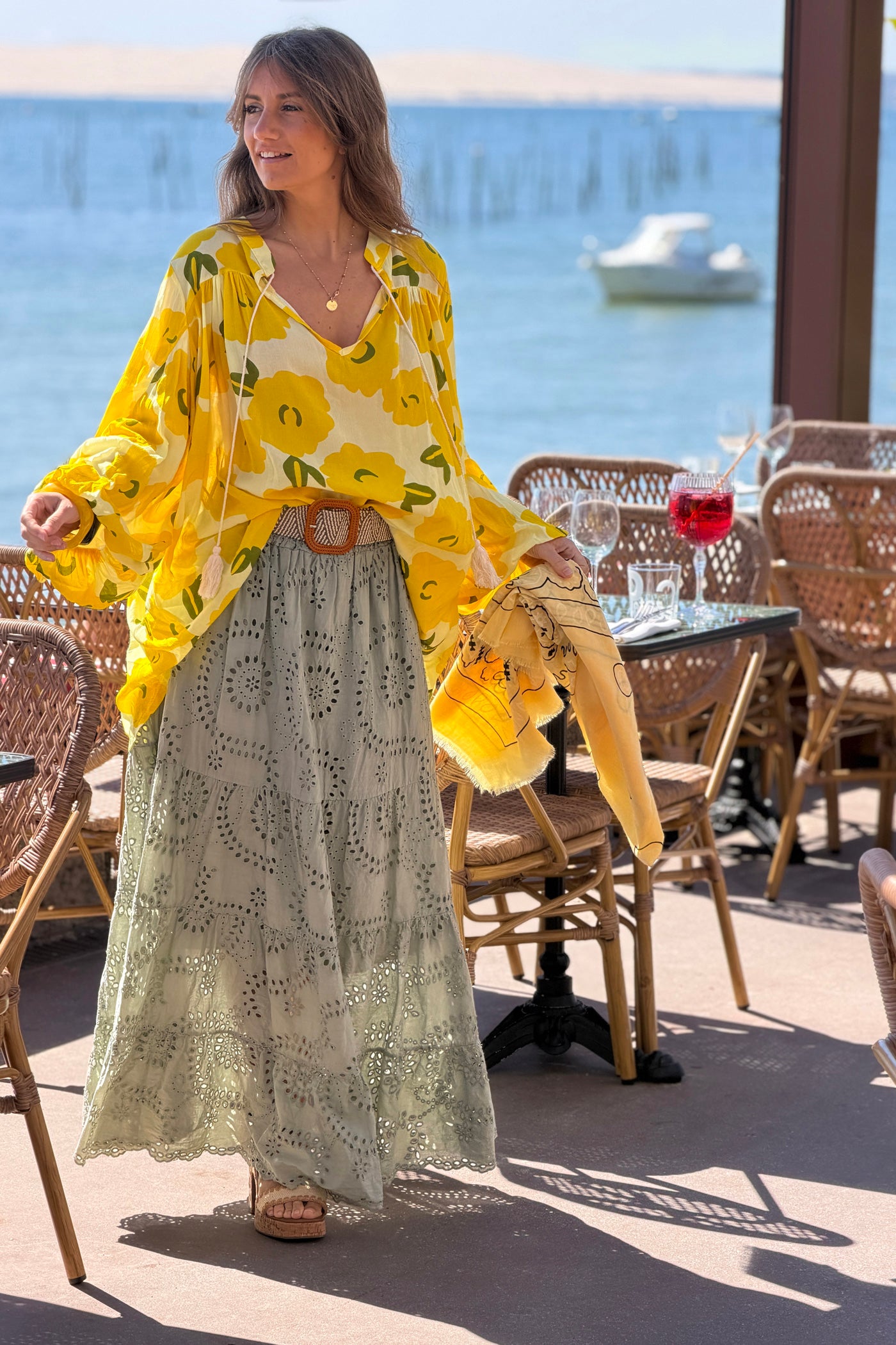 Sage Eyelet Prairie Skirt with Woven Belt