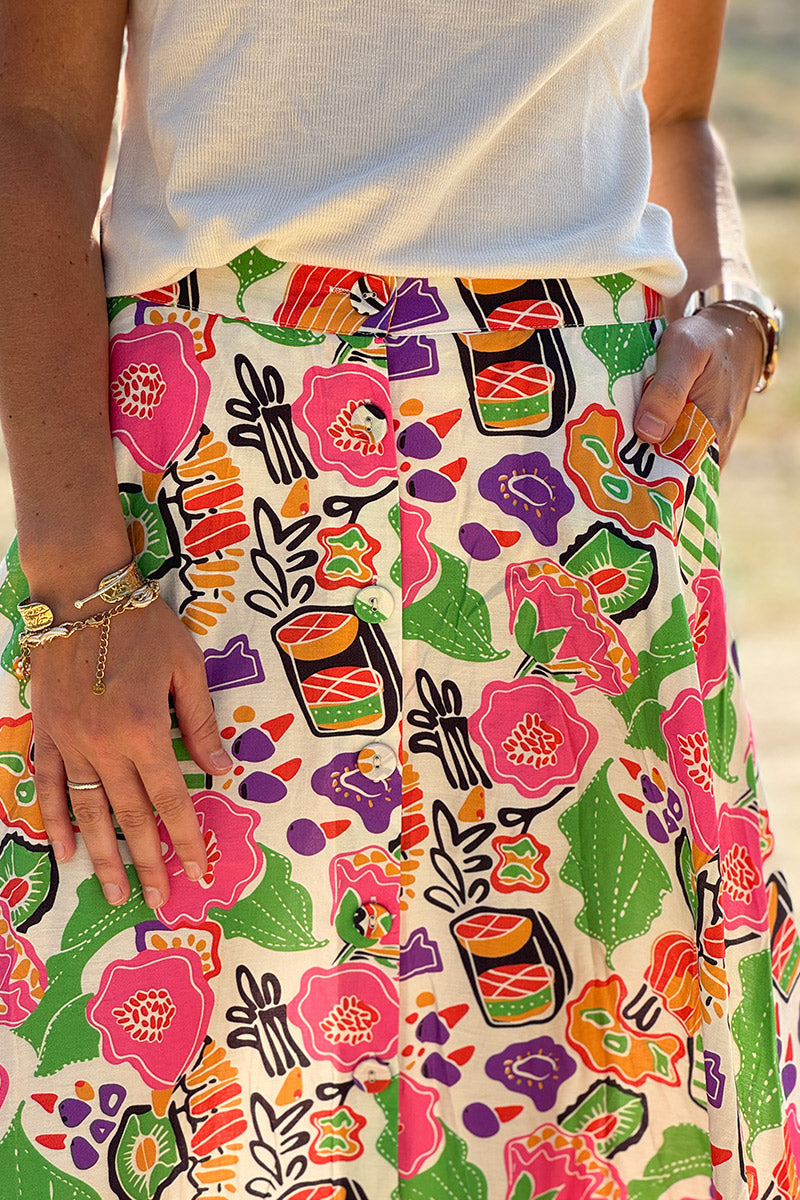 Pink and Green Floral Citrus Splash Maxi Skirt