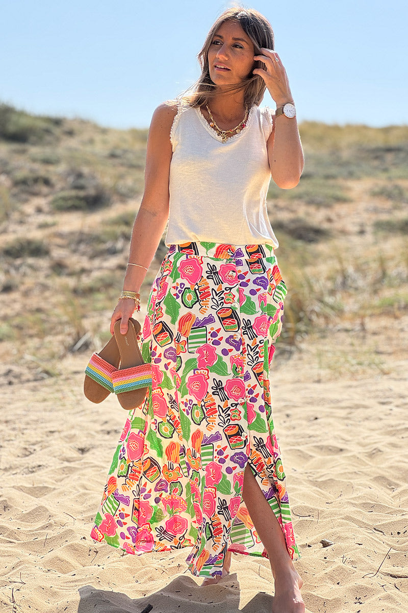 Pink and Green Floral Citrus Splash Maxi Skirt