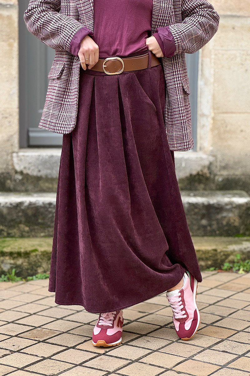 Wine Belted Corduroy Skirt