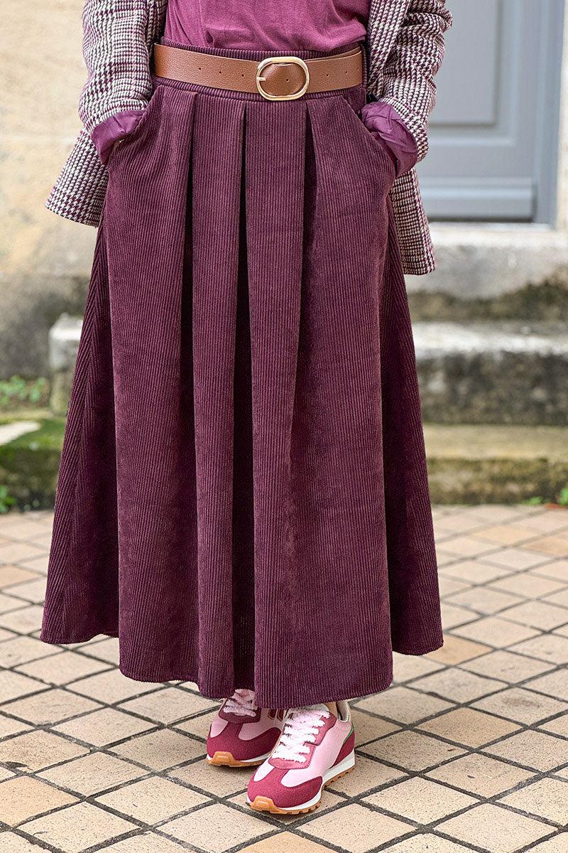 Wine Belted Corduroy Skirt