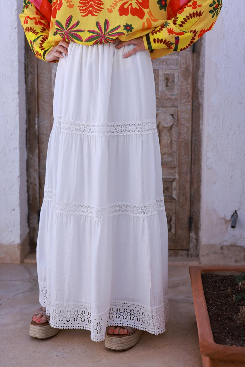 White Tiered Lace Trim Viscose Maxi Skirt