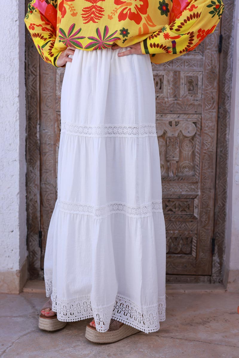 White Tiered Lace Trim Viscose Maxi Skirt