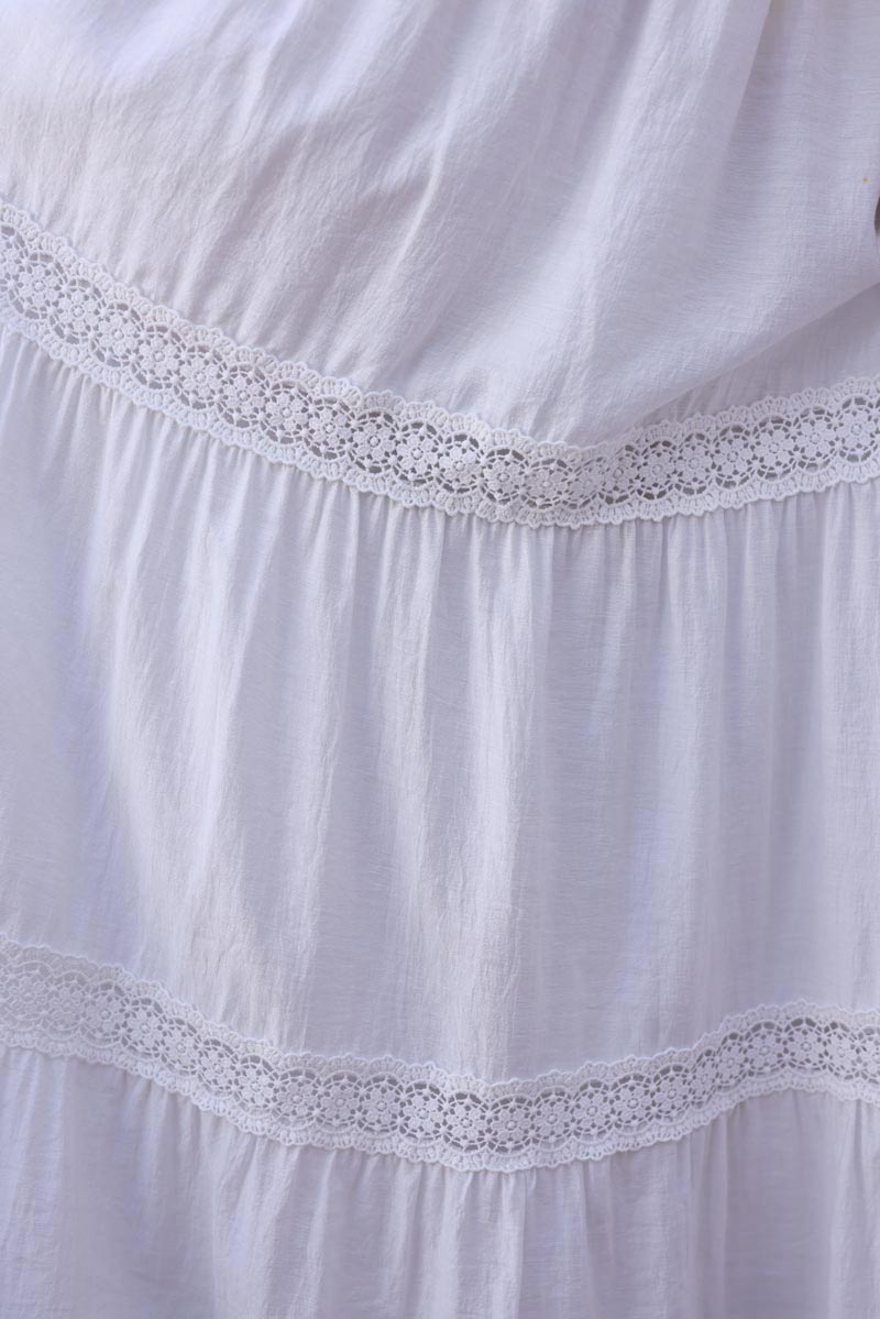White Tiered Lace Trim Viscose Maxi Skirt