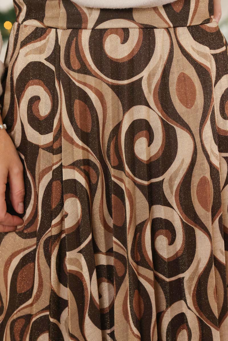 Jupe longue brillante imprime spirales camel g257 (1)