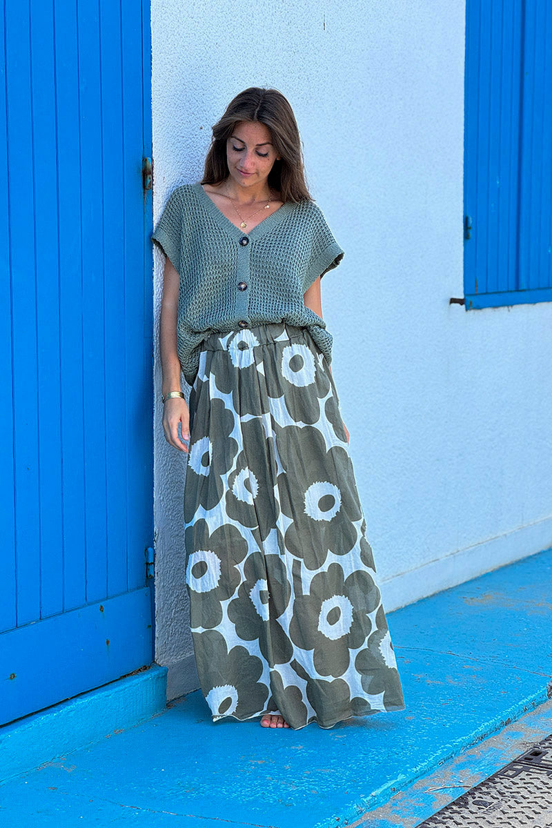 Jupe longue écrue en voile de coton doublé motifs grandes fleurs kaki