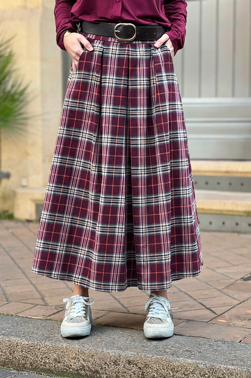 Jupe longue en flanelle imprimé carreaux écossais prune