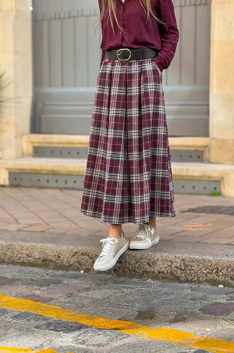 Jupe longue en flanelle imprimé carreaux écossais prune