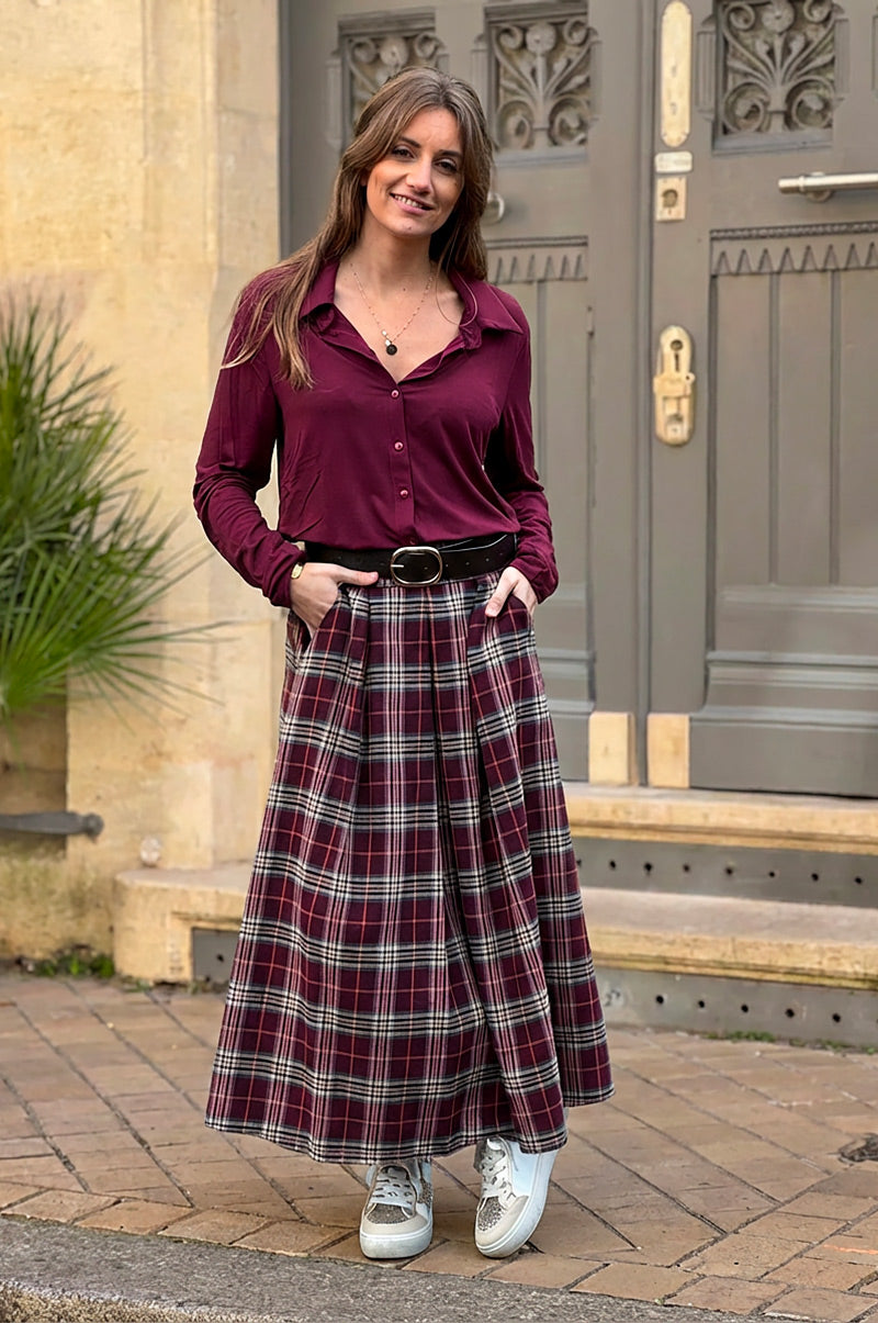 Jupe longue en flanelle imprimé carreaux écossais prune